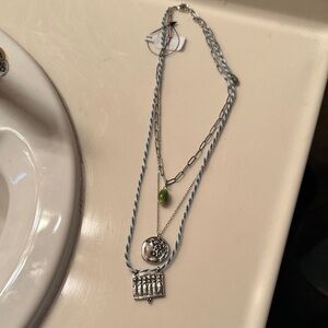 FREE PEOPLE-Layered Silver Necklace with Green Bead and Blue Accent